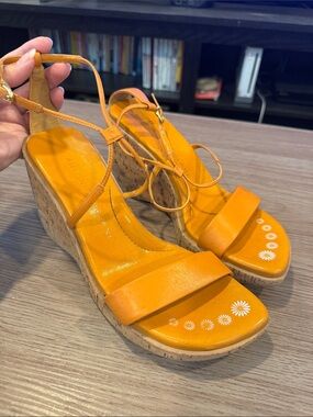 Orange Cork Wedge Sandals with Daisy Accents